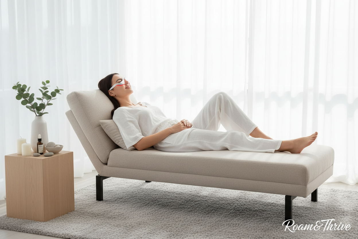 Woman relaxing with eye massager