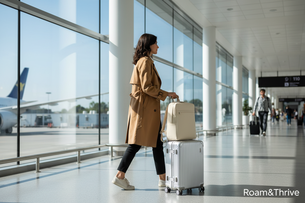 Woman walking through airport with backpack on suitcase