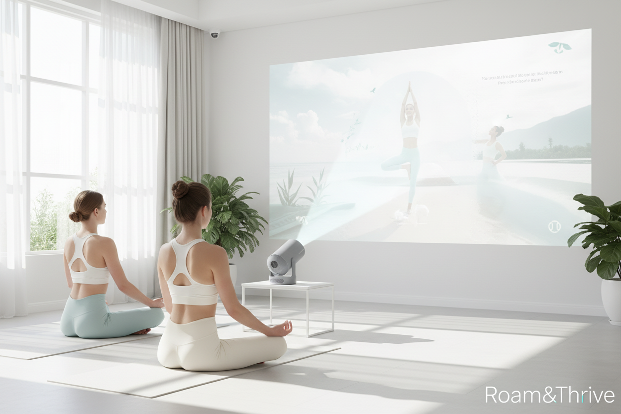 Women doing yoga with white-toned projection